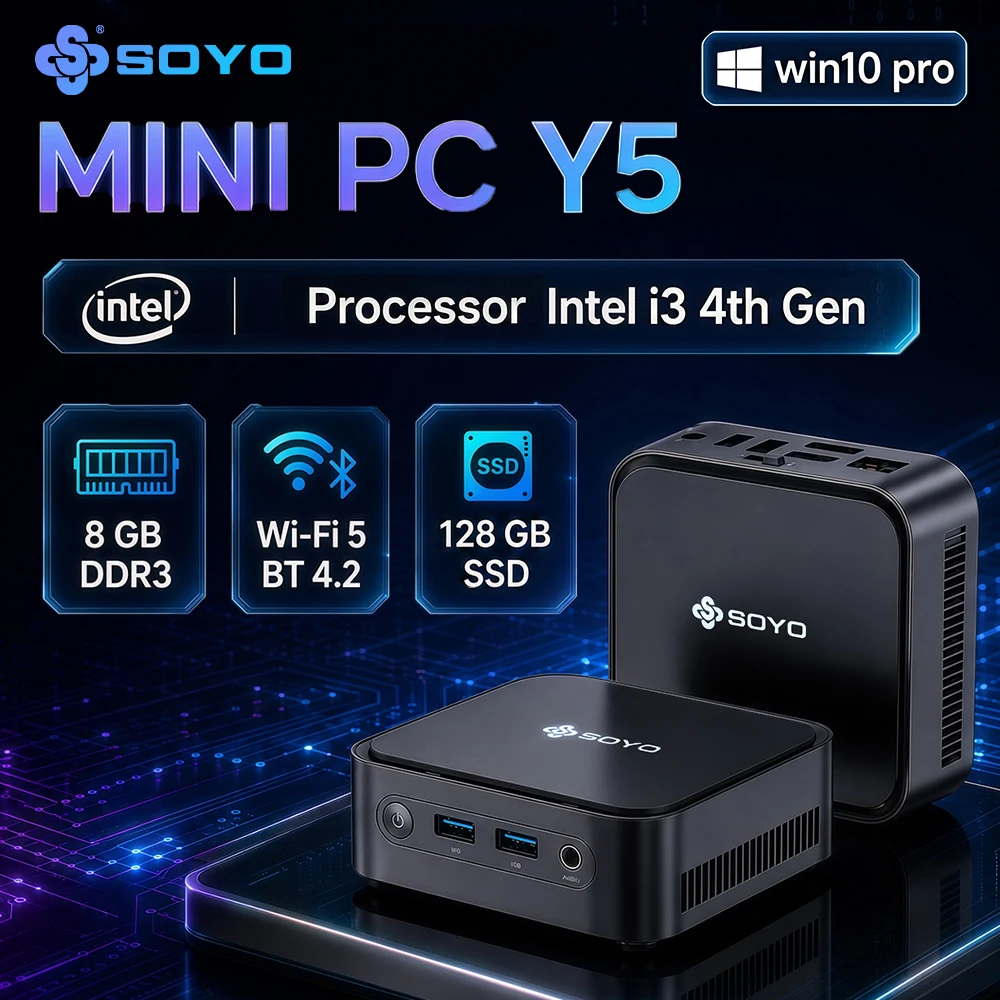 SOYO Mini PC Y5 Intel Core I3 4030U 8GB RAM 128GB ROM Windows 10 Pro WiFi BT4.2 Desktop Computer 22NM Office Desktop Computer Dual HDMI 4K Display VESA Mount