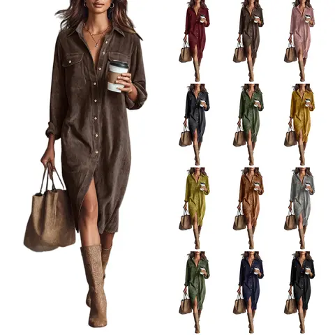 Corduroy Long Sleeved Dress Lapel Collar Shirt Loose Long Skirt Ladies' Fashionable Casual Dress Winter Solid Color Dress