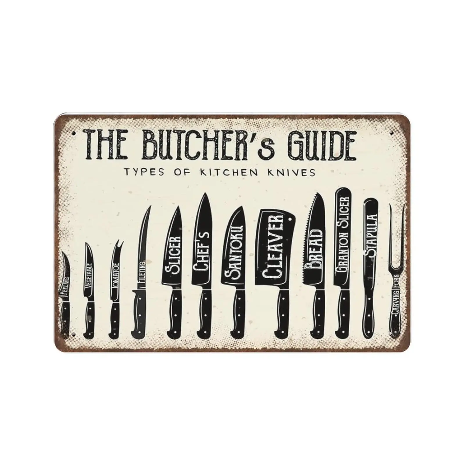 Antique Durable Thick Metal Sign,Butcher’s Guide Kitchen Knives Metal Tin Sign for Kitchen, Iron Painting Plaque,Vintage Wall