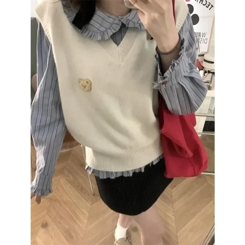 QWEEK Striped Preppy Korean Style Shirts Japanese Youthful Woman Blouses Chic Vintage Sweet Harajuku Casual Autumn Clothing