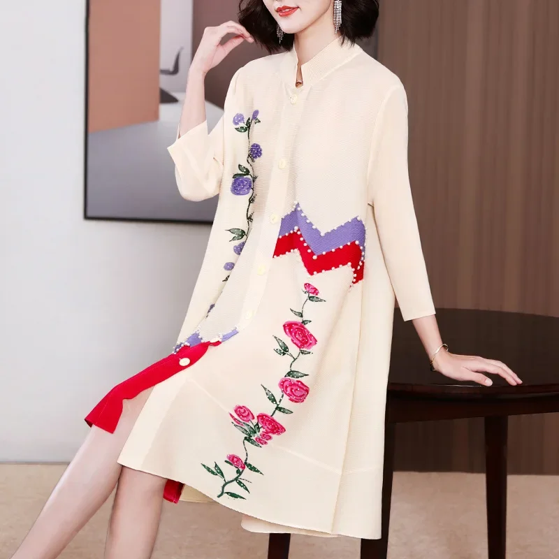 女性用プリーツネイルビーズ痩身シャツドレス、ハイエンドファッション服、プラスサイズのスカート、秋、新しい
