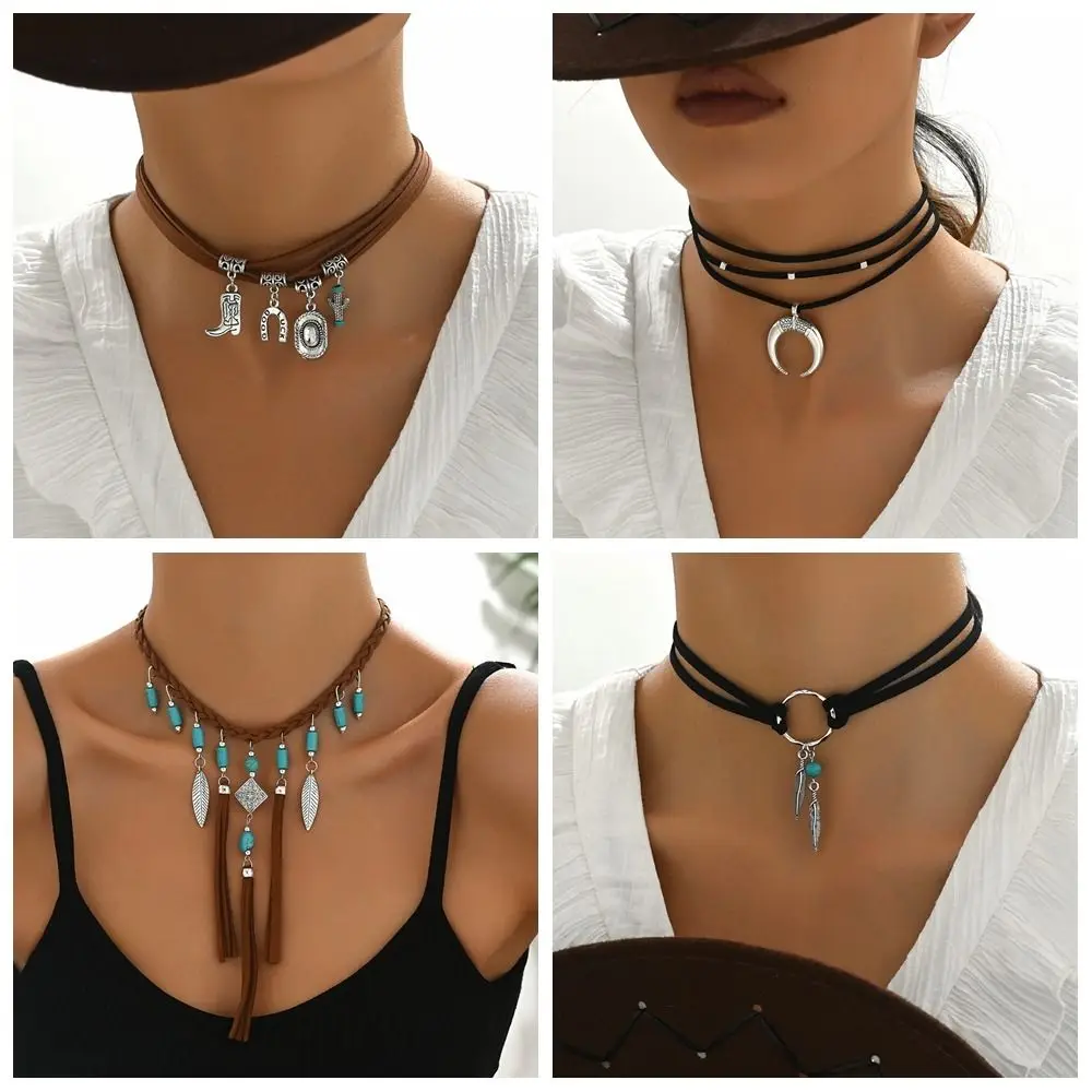 Ethnic Style Leaf Tassel Choker Retro Woven Rope Turquoise Stone Necklace Leather Feather Pendant Bohemian Necklace Women