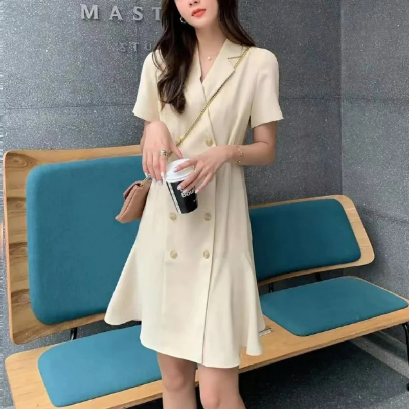 

Spring Summer Solid Slim Suit Dress Temperament Office Lady Fashion Double Breasted Short Sleeve Simple Business Attire Dresses