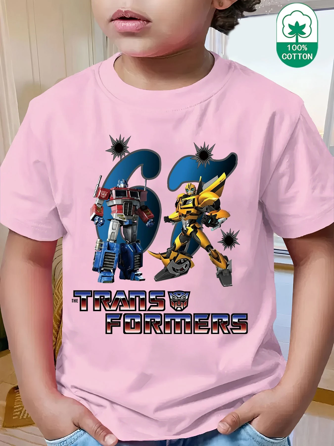 Transformers animados "Optimus Prime y Bumblebee" 67 números camiseta con estampado creativo, moda casual cuello redondo