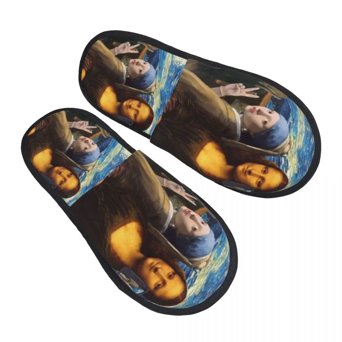 Custom Starry Night By Mona Lisa And Vincent Van Gogh Comfy Scuff With Memory Foam Slippers Women Art Painting Spa House Shoes