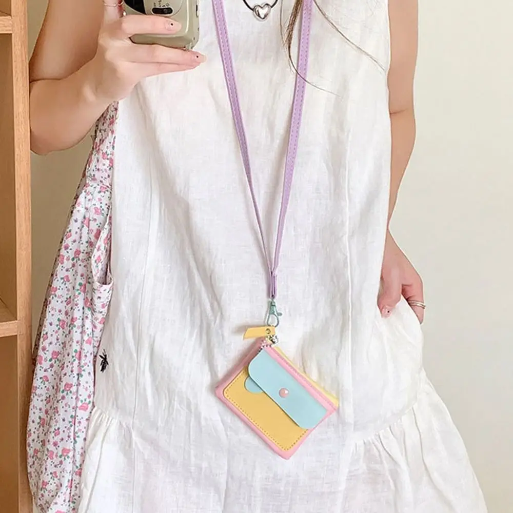Retro Macaron Color Hanging Neck Wallet Keychains Lanyard Zipper Coin Purse Thin Mini Cute Clutch Bag Men