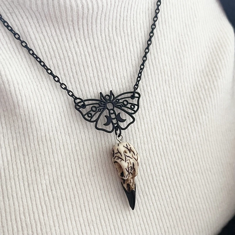 Gothic Raven Skull Necklace, Lunar Moth, Crow Skull Pendant, Gift for Pagan Witchcraft Lovers