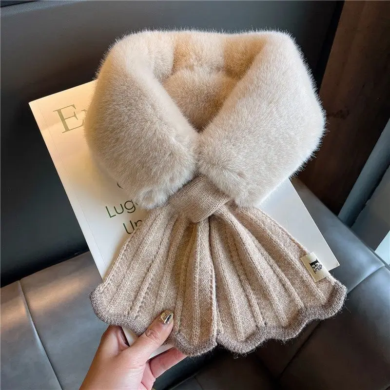 Korean Winter Faux Rabbit Fur Scarf Women Soft Plush Women's Scarf Winter Knitted Neck Collar Neck Warmer Shawl Cross Scarves