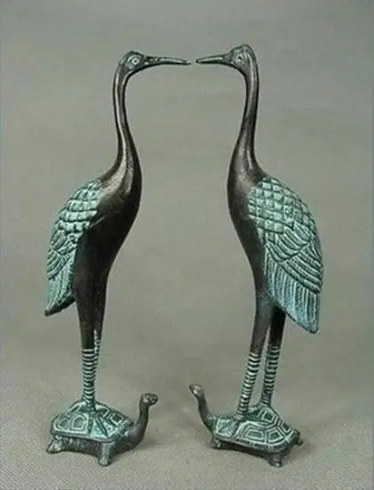 A Pair Of Hand Carved Collection Red-Crowned Crane & Tortoise Bronze Statue