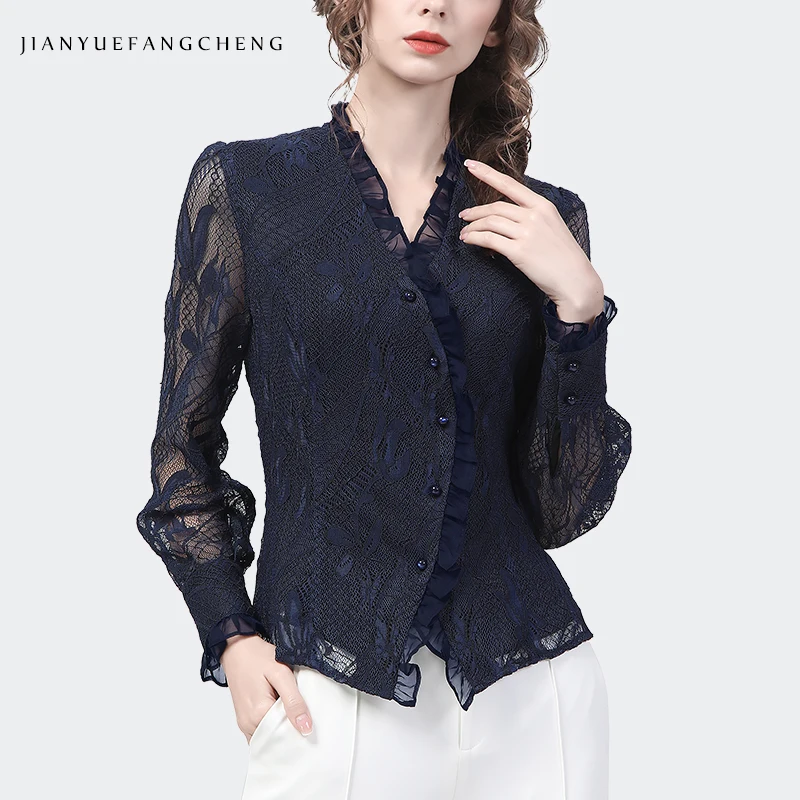 Lace Top Women 2024 Fall New Long Sleeve V-Neck Hollow Out Ruffles Shirt Elegant Slim Vintage Casual Office Ladies Blouses