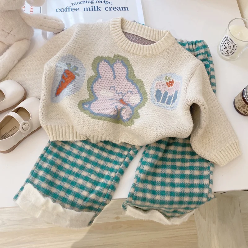Korean Children's Clothing2024Autumn Clothes New Girls Cartoon Knitted Sweater Plaid Casual Pants Suit
