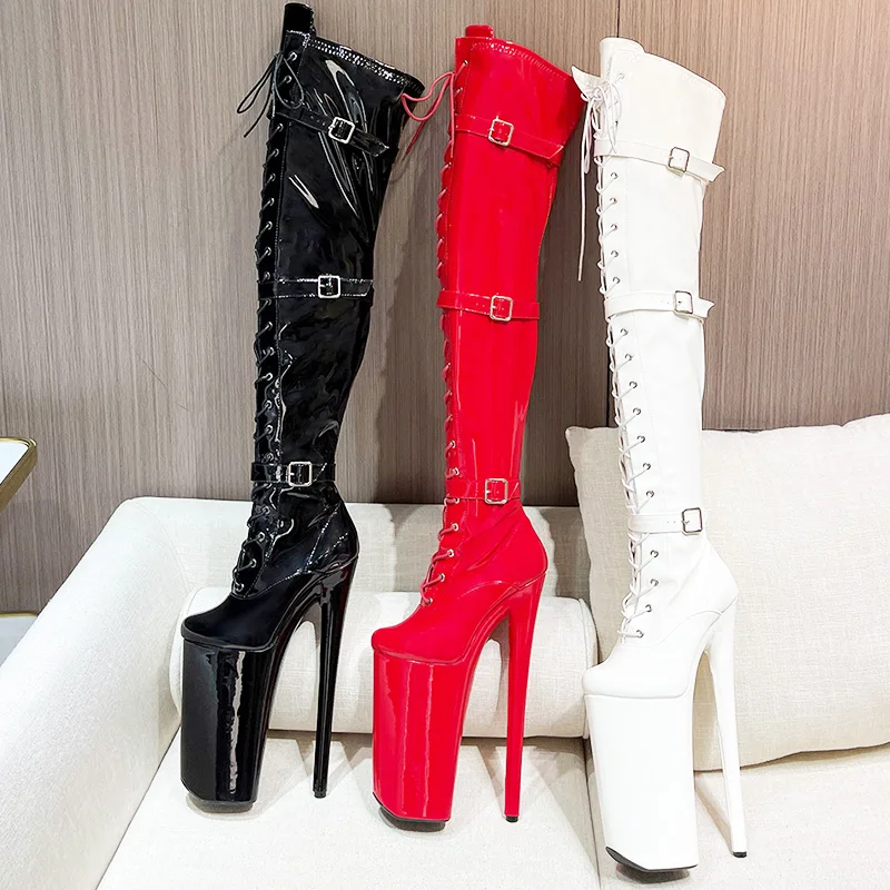 Super High Heel  26cm Sexy Women Boots High Heels Pole Dance Stripper Gothic Shoes Platform Lace Up Fetish Thigh Strappy Shoes