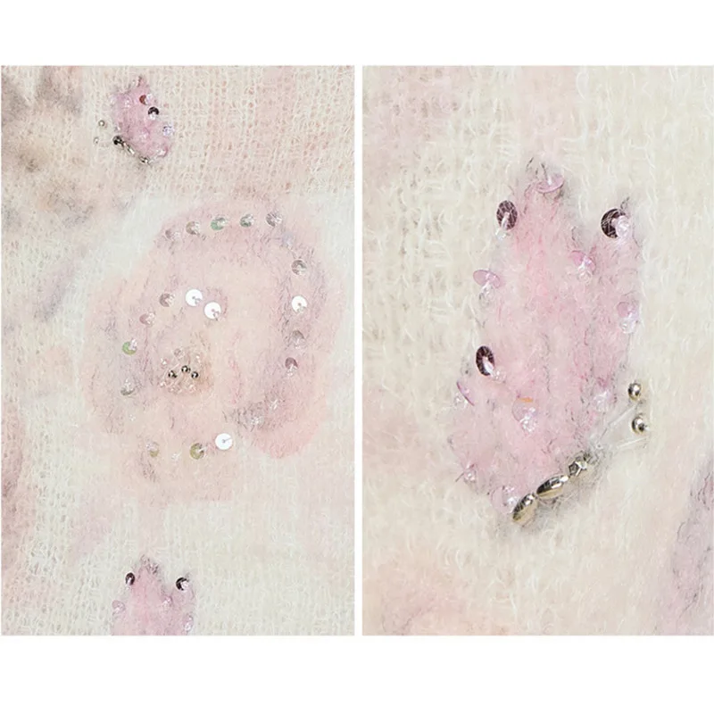 Suéter feminino de lã mohair outono inverno coreano 30% mohair 27% lã floral miçangas pulôveres, tops