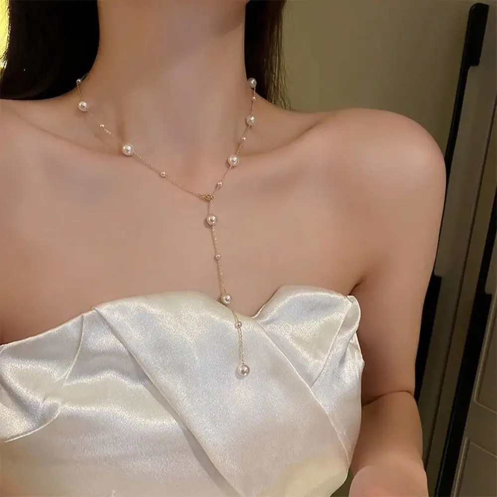 

Simple Imitation Pearl Pearls Back Necklace Lightweight Jewelry Harness Bikini Chest Chain Tassel Pearl Pendant Necklace Women