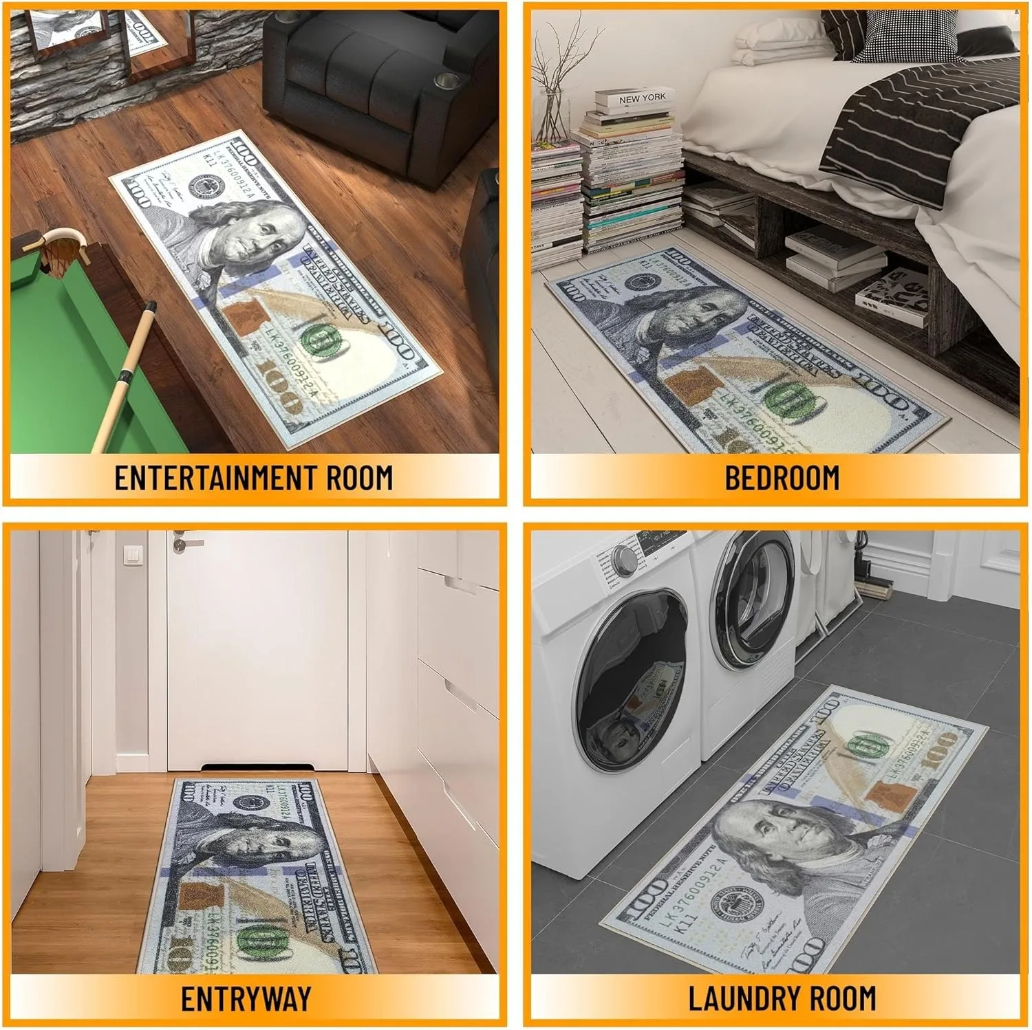 Currency Area Rug New 100 Dollar Bill Design Doormat Non-Slip Doormat for Living Room Bedroom Kitchen Indoor Outdoor Carpets
