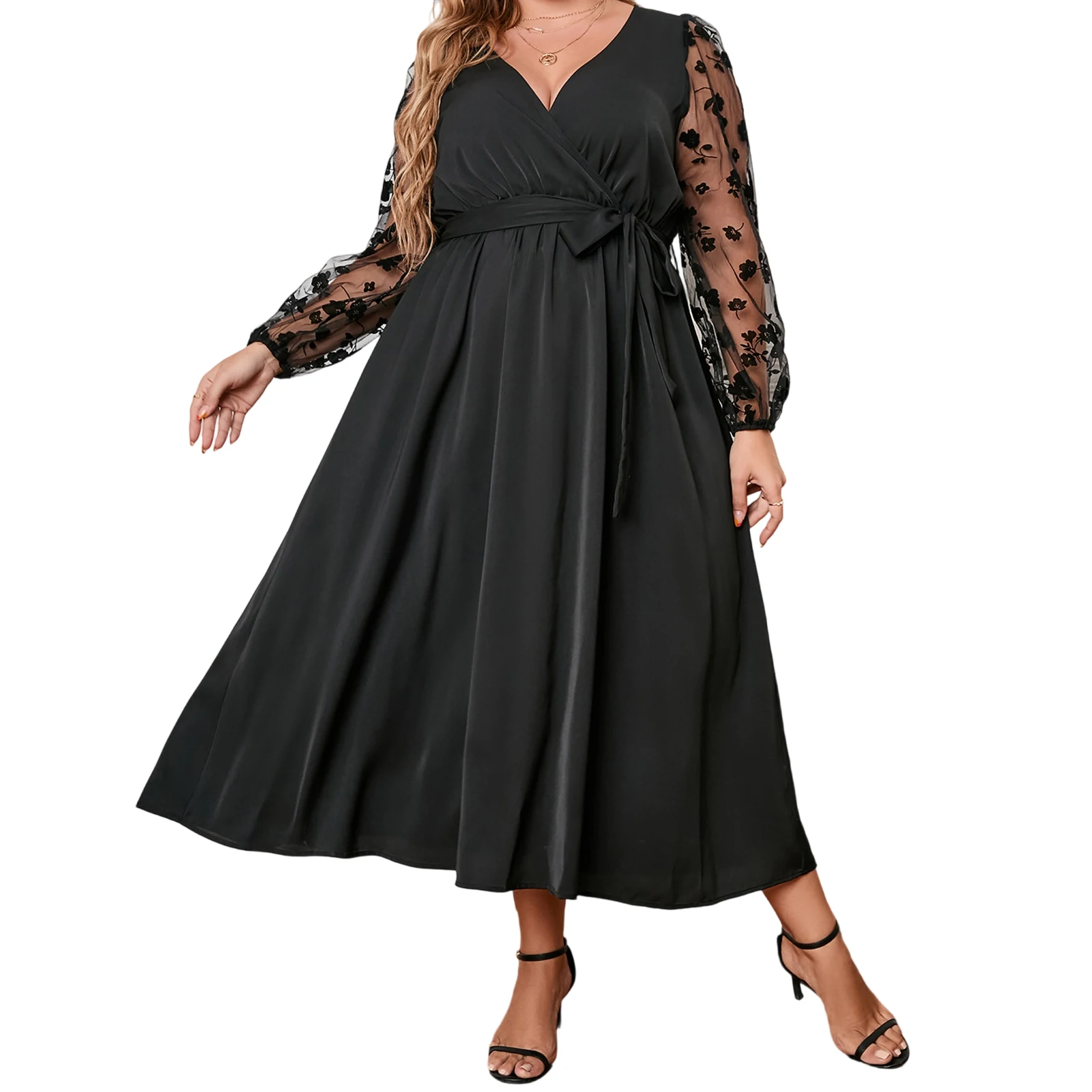 

Women s Plus Size Satin Dress Floral Mesh Long Sleeve Wrap V-Neck A Line Dress with Belt for Spring Fall