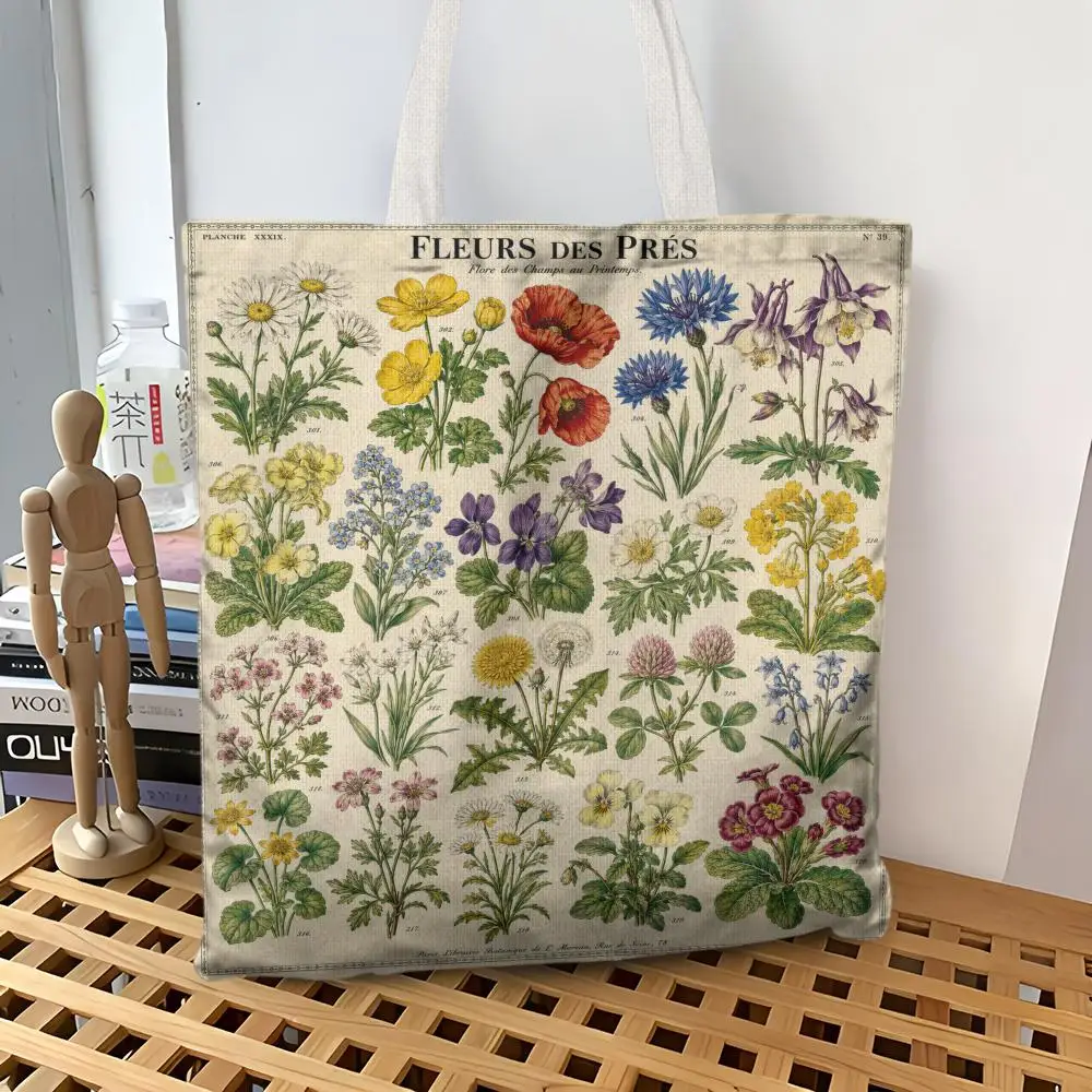 Plant Element Storage Bags Canvas Tote Bag Large Capacity Shoulder Bag Eco-Friendly Reusable Casual Handbag