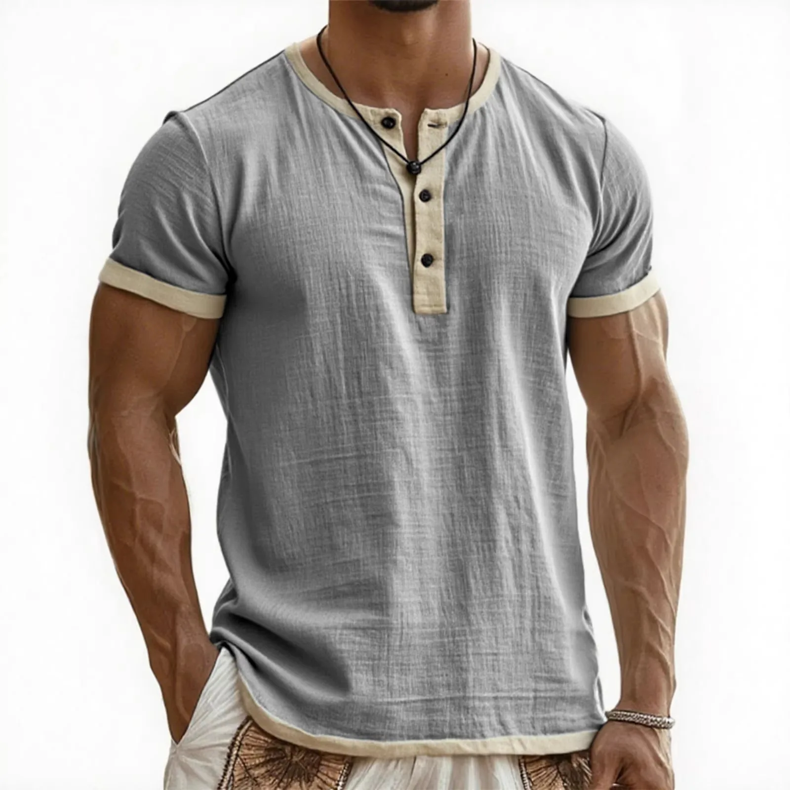 Summer New Men's Cotton Linen Shirt Casual Contrast Trim Short Sleeve Top Breathable Comfort Slim Fit Sports Casual Shirt