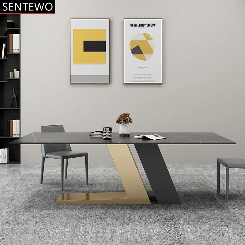 

SENTEWO Ltalian Luxury Marble Kitchen Dining Table with Chair Stainless Steel Golden Leg Frame Table Home Furniture Mesa Jantar