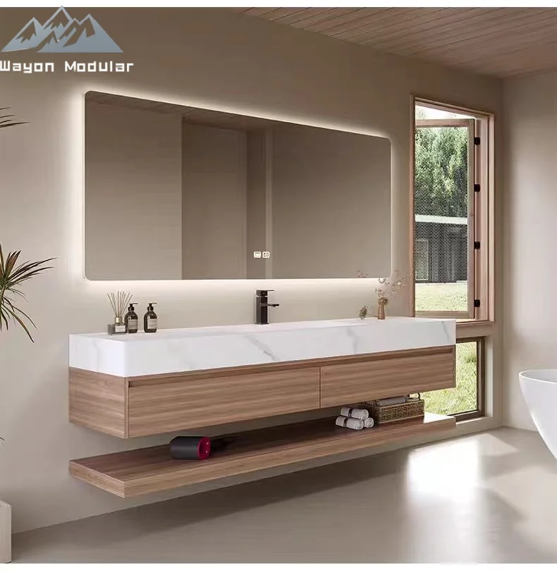 Custom Luxury Double Basin Bathroom Vanity With CE Certified Sintered Stone Top And E1 Grade Waterproof Solid Wood Body