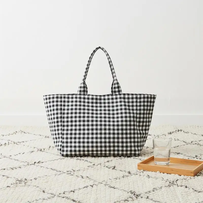 Gingham Canvas Tote Bag With Black White Plaid Design And Roomy Space Perfect For School Work Shopping Daily Use