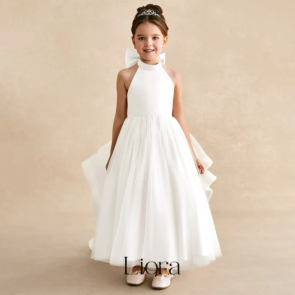 Liora Customized A-Line Flower Girl Dresses Halter Neck Keyhole Back Detachable Train Princess women's wedding party attire