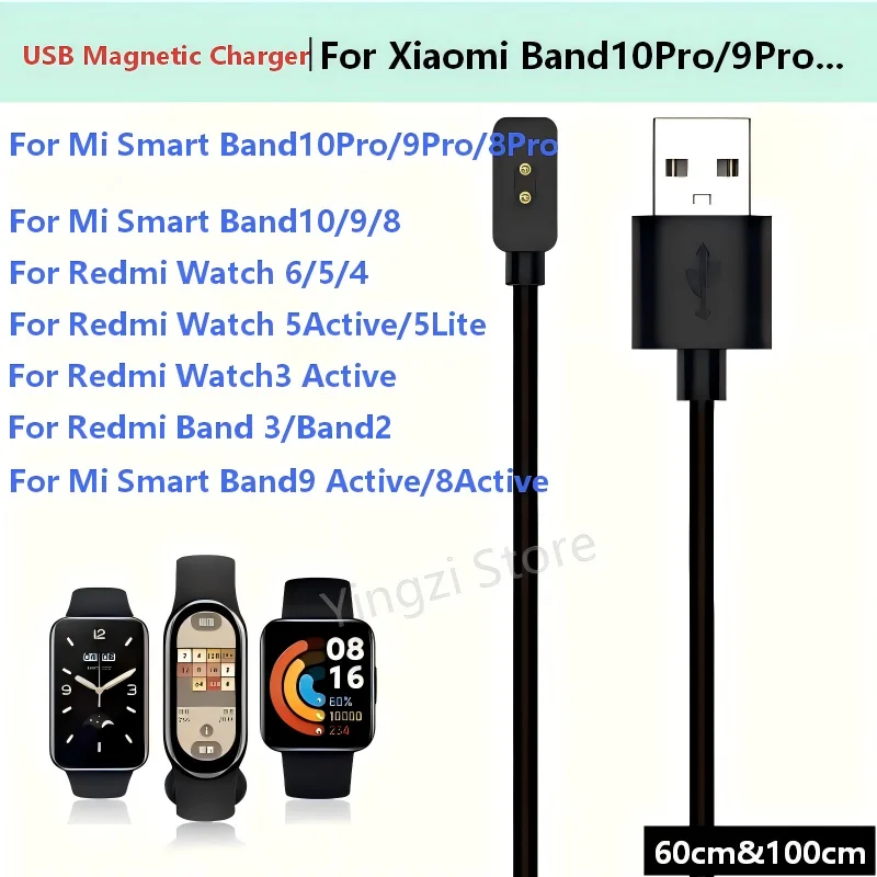 USB Charging Cable for Xiaomi Mi Band 10 Pro 9Pro Magnetic Charger for Xiaomi Mi Band 9/8 Redmi Watch6 Travel Charging ,60/100cm