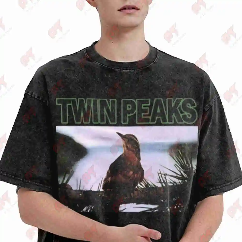 Twin Peaks Bird Desert Landscape Vintage Washed Tee Pure Cotton T-Shirt