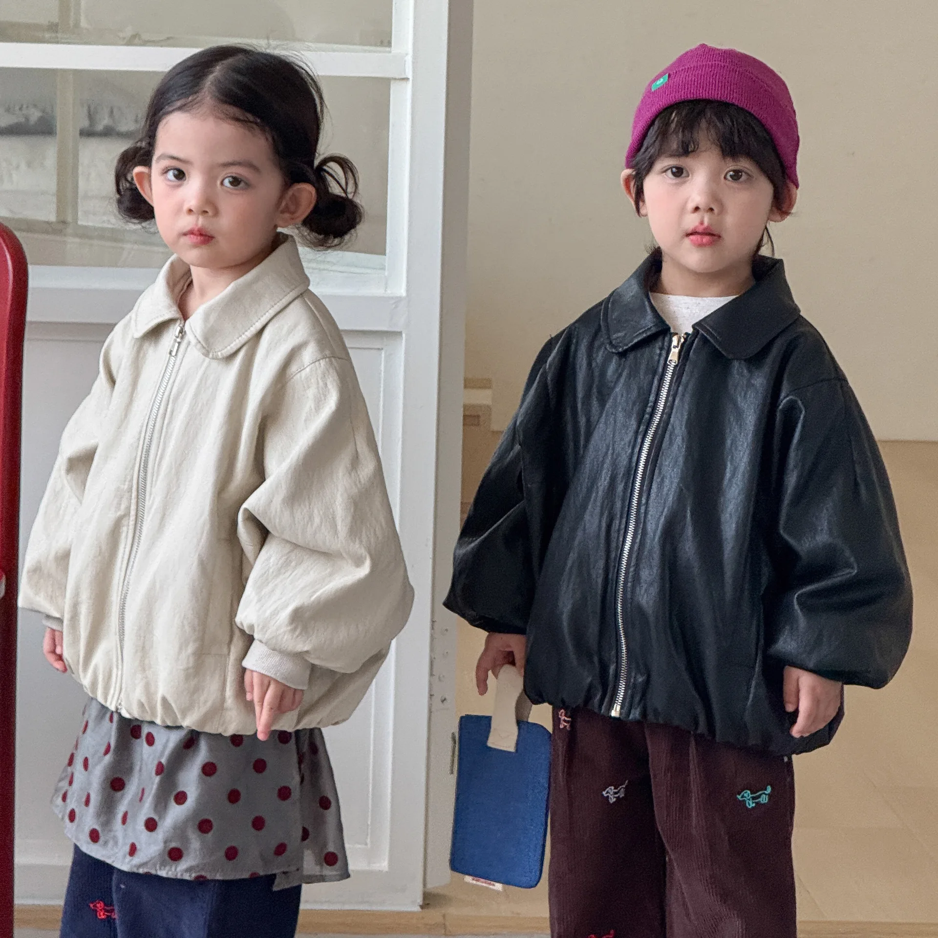 2026 Winter New Children Fleece Leather Jacket Boys Plus Velvet Thick Lapel Jacket Girls Fashion Biker Jacket Kids Zipper Coat