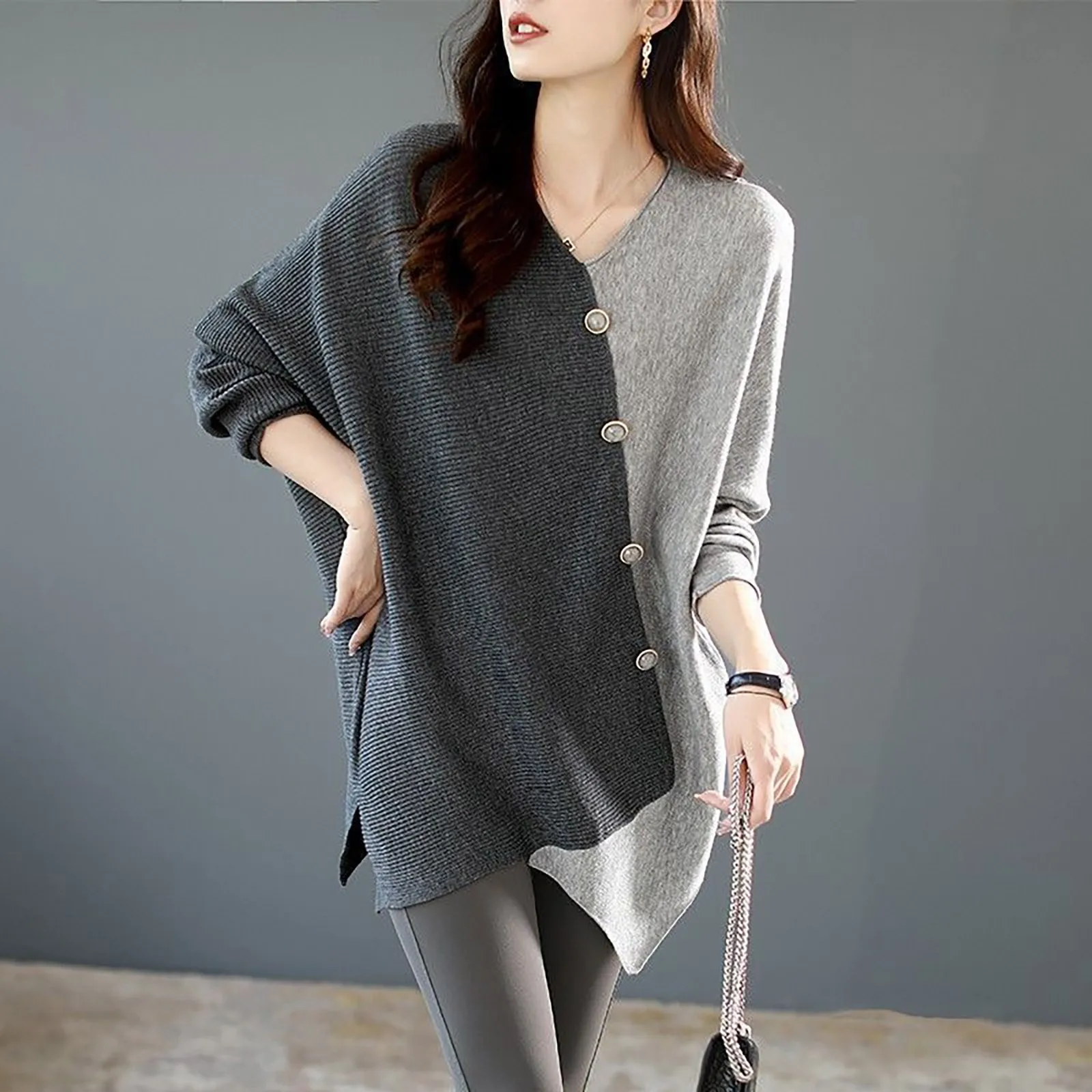 Women's Colorful Patchwork Knit Sweater Fall Fashion All-In-One Jumper V-Neck Bat-Sleeve Irregular Tops New Women Knitwear