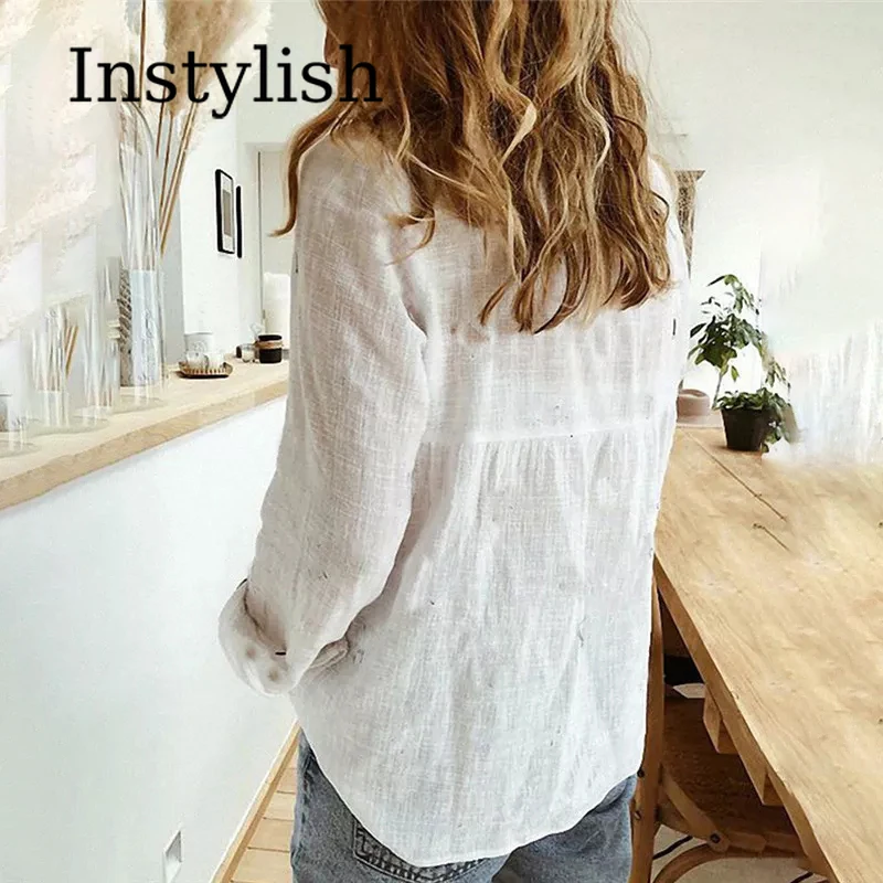 Elegant Cotton Linen Shirts Women Casual Solid Button Lapel Blouses Shirts Autumn Winter Long Sleeve Loose Tops Tunic Blusas - Image 4