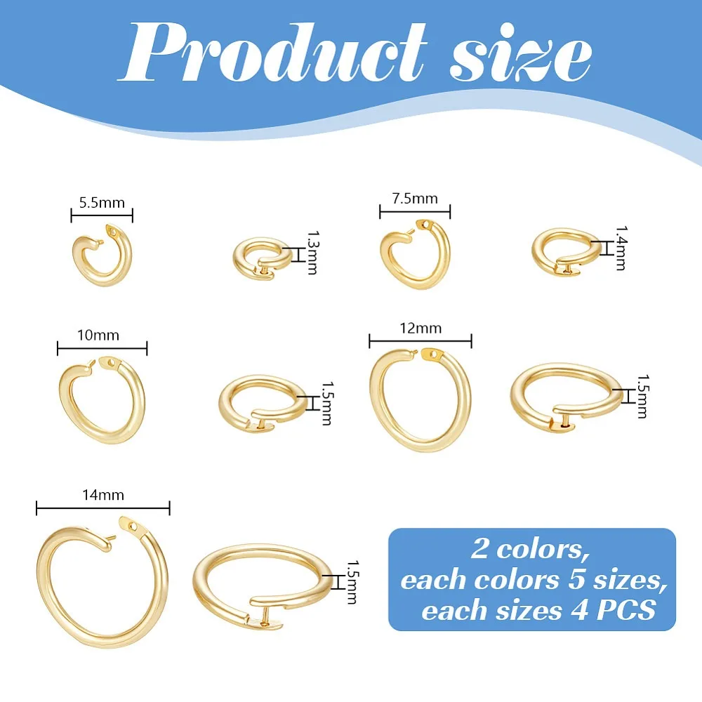 40pcs Locking Jump Rings 14K Gold Plated Round Jump Rings 5 Sizes Circle Clasp Ring Connector for Necklace Bracelet Keychain