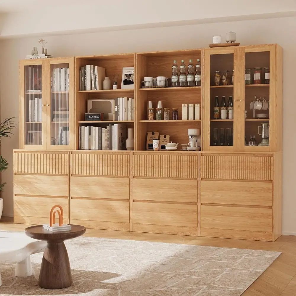 

5-Tier Tall Wood Bookcase with Drawers, Tempered Glass Doors for Living Room/Home Office Storage