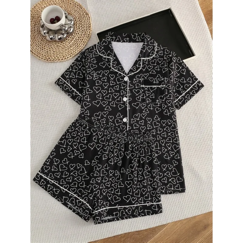 Women Black Celestial Moon Star Print Pajama Set Short Sleeve Button Up Shirt and Shorts Soft Cozy Sleepwear Homewear Set