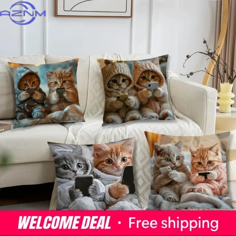 Cute Kitten Phone-Using Pillowcases Office car sofa bed cushion cover home bedroom decoration