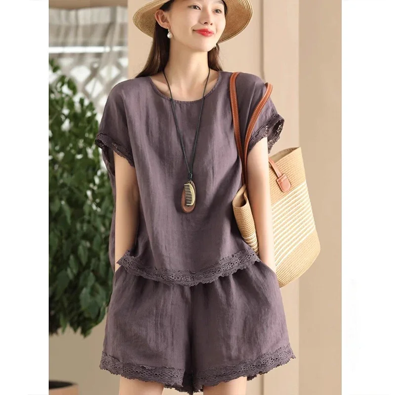 

High End Casual Cotton Linen Shorts Set for Women Summer Loose Splicing Lace Edge T-shirt Solid Color Two Piece Set for Women