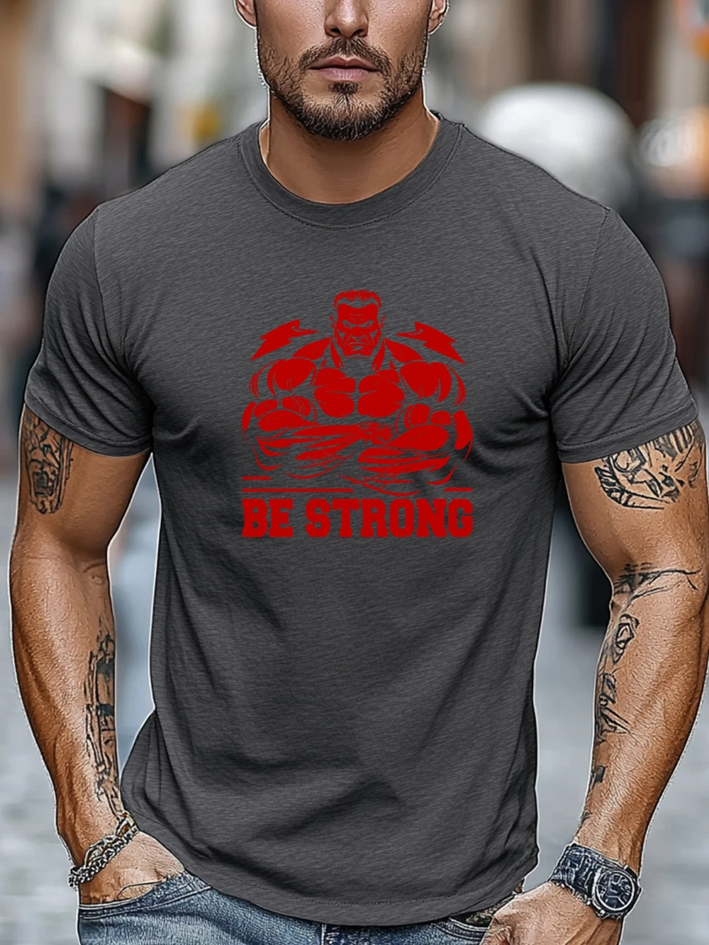 Men's BE STRONG Motivational Flex Gym T-Shirt Summer Weightlifting Bodybuilding Tee Men's T-shirts for Summer Unisex