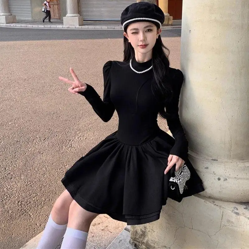 المرأة شيك الأزرق سترة فضفاضة نصف الياقة العالية البسيطة الكرة ثوب قطعتين مجموعة سيدة الخريف الشتاء متماسكة القمم فساتين سوداء وتتسابق