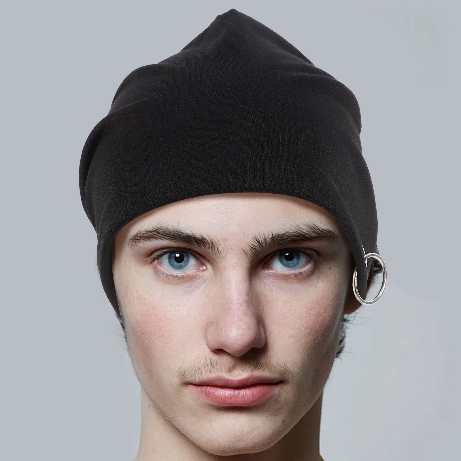 

Men'S Beanie Cap Double Layer Warm Headwear Iron Ring Design Breathable Polyester Material Outdoor Hiking Skiing Riding