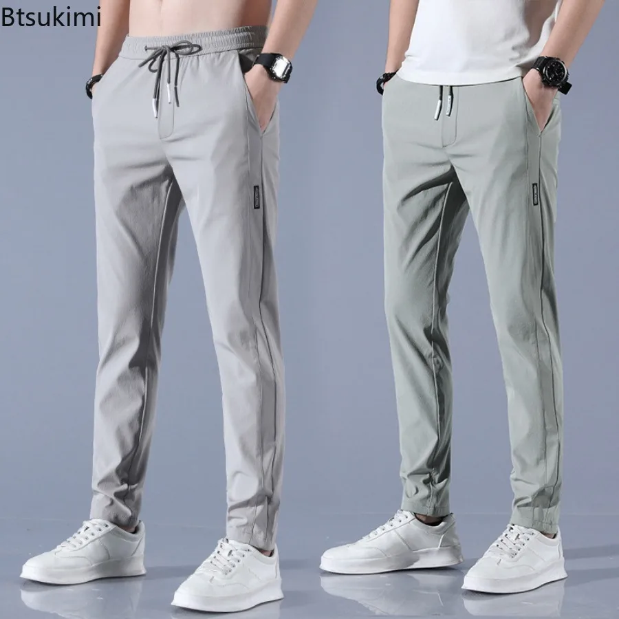 

Мужские брюки из ледяного шелка, летние новые стильные однотонные тонкие деловые повседневные брюки, уличные эластичные дышащие прямые спортивные штаны