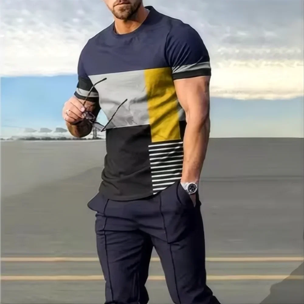 GELITAYIN Summer Men's T-shirt Pants Sportswear Striped 3D Printed T-shirt Pants Set 2-piece Fashionable Streetwear Men's Oversi