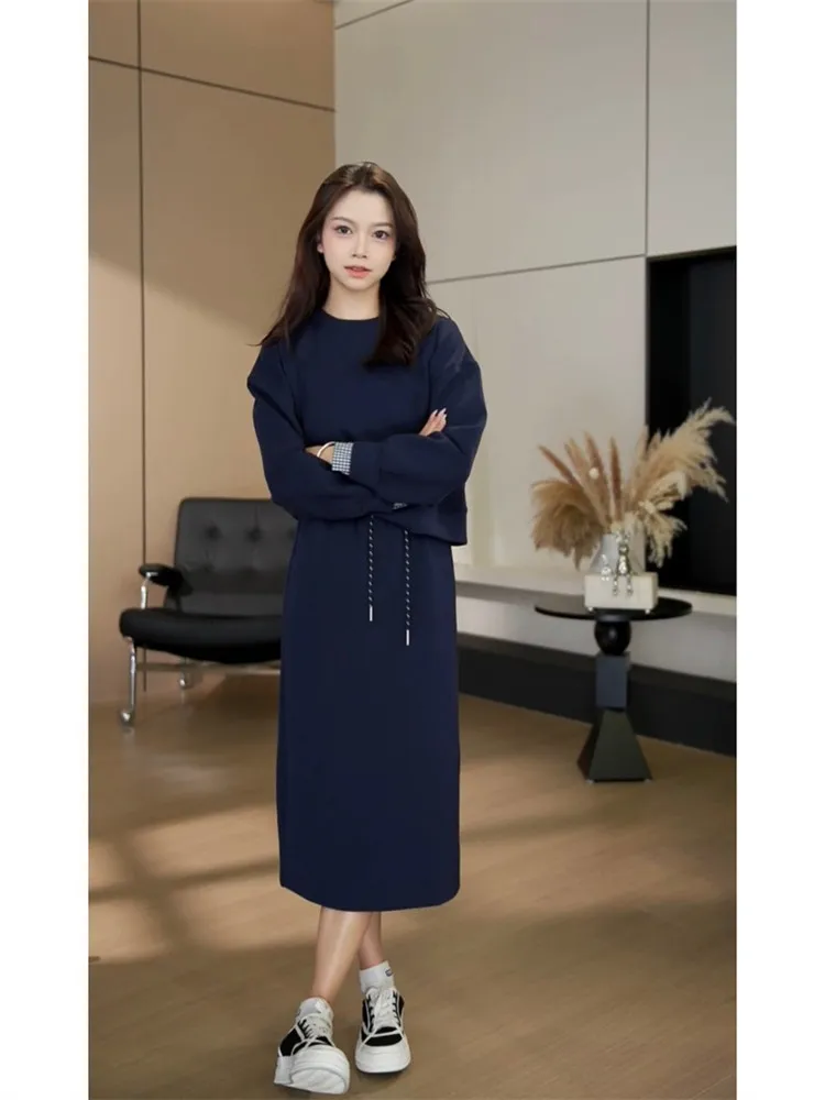 

Korean Style Sportswear Set Women's Fashionable Patchwork Sweatshirt Winter Outfit High Waist Skirt Long Sleeve round Neck