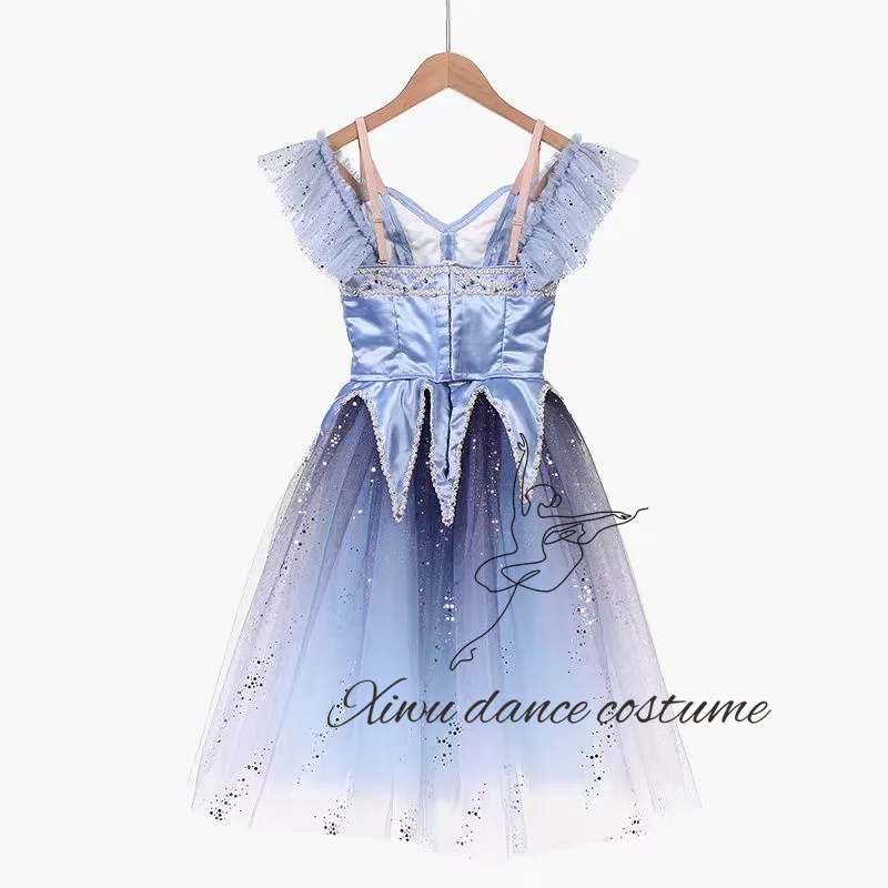 Fancy  Custom Size Kids Girls Peasant Gilsay Ballet Dance Performance Wear Costumes Long Blue Romantic Tutu Dress