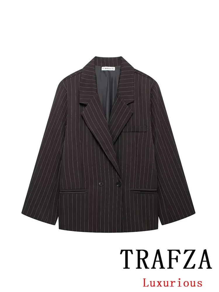 TRAFZA Vintage Chic Women Blazer Striped Double Breasted Long Sleeve Blazer New Fashion 2024 Autumn Winter Office Lady Blazers