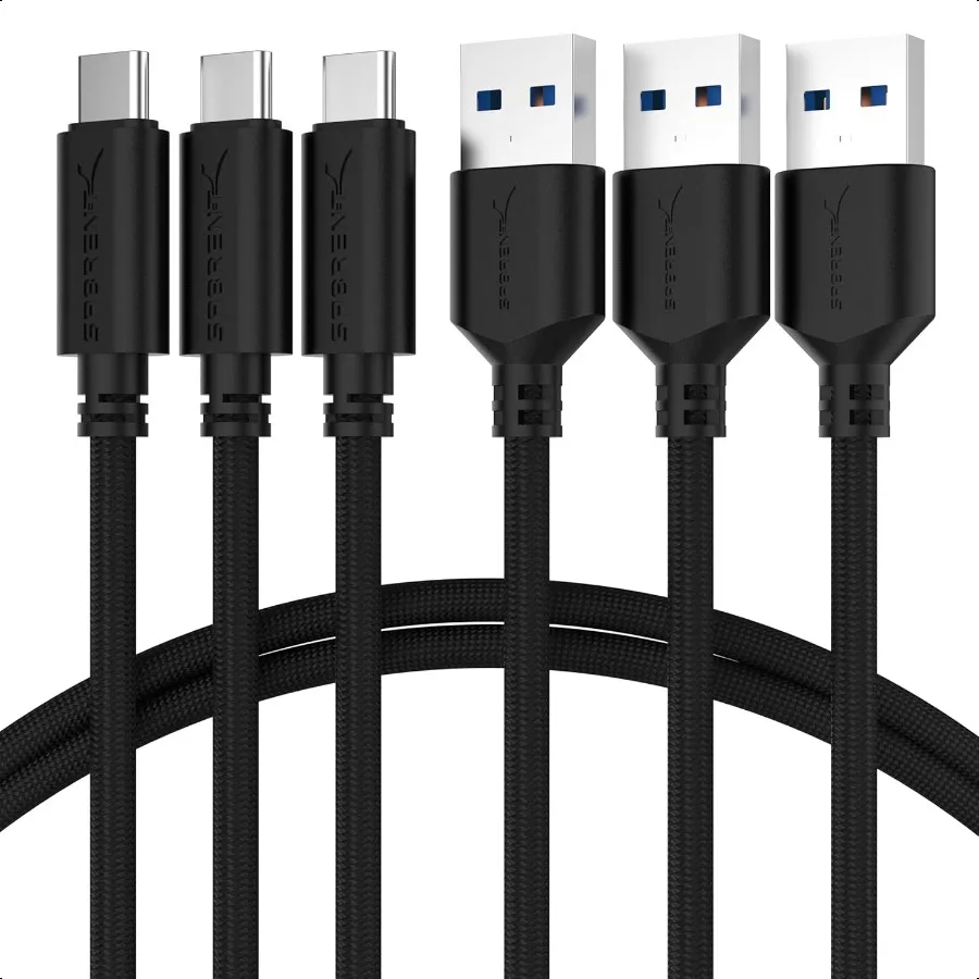 SABRENT [3 عبوات 22AWG Premium 6ft USBC إلى USB A 3.0 كابلات المزامنة والشحن [أسود] CBC3X6