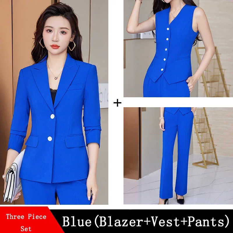 2024 Frauen formale 3-teilige Set Mode rot blau schwarz Büro Damen Langarm Business Chic Blazer Weste und Hose Anzug Arbeits kleidung