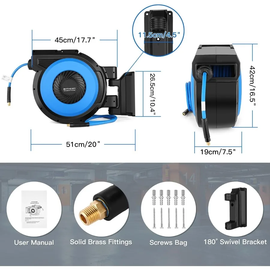 Enrouleur de tuyau d'air rétractable 80 pieds + 6,5 pieds, moulinet de tuyau pneumatique mural pour atelier de garage, rembobinage automatique 3 8x80'air hybride