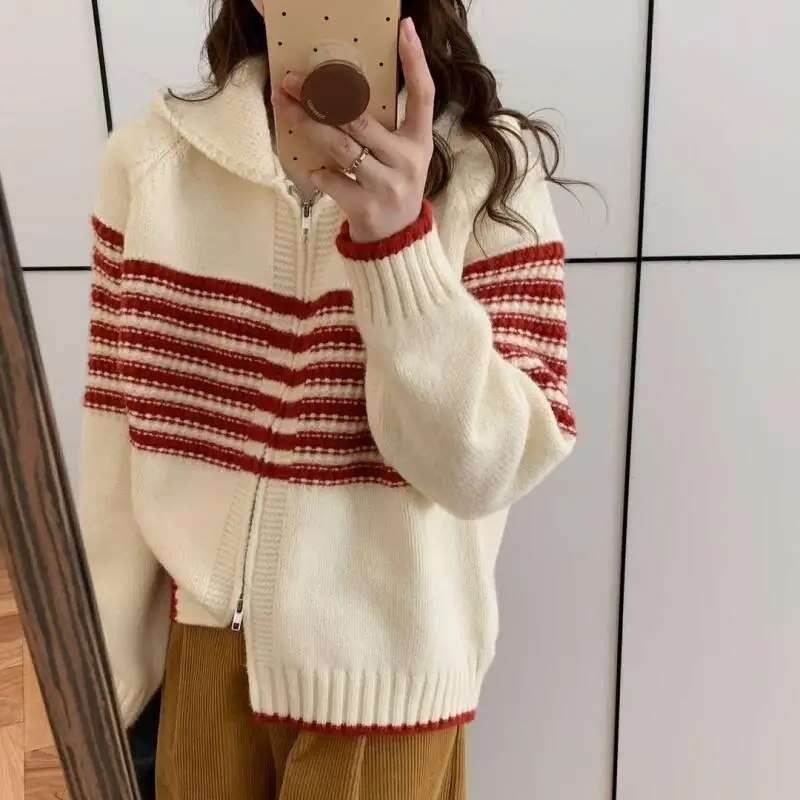 

Women's Knitted Cardigan Hooded Girl's Sweater Knitwear Pullover Long Sleeves Coat Top Retro Color Blocking Stripe Double Zipper