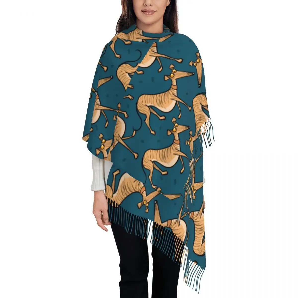 Womens Scarf with Tassel Greyhound Whippet Lurcher Dog Long Soft Warm Shawl and Wrap Animal Dog Reversible Pashmina Scarves