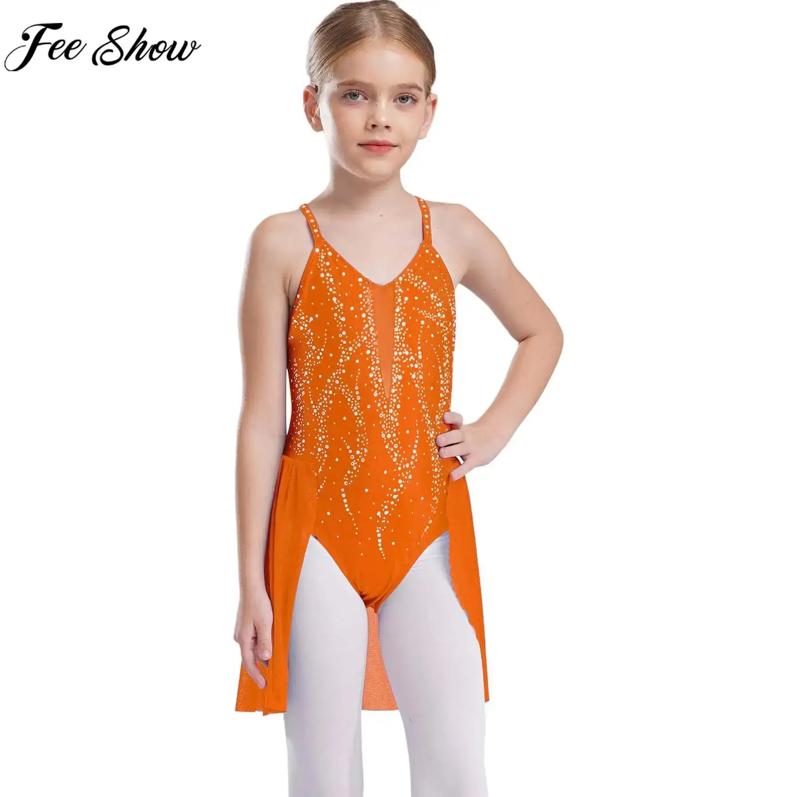 

Teen Girls Sleeveless Shiny Rhinestone Figure Skating Leotard Dress Lyrical Dance Gymnastics Acrobatics Performance Dancewear